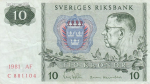 Svédország 10 korona, 1981, hajtott bankjegy