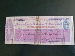 London County Westminster Parrs Bank csekkje 1925