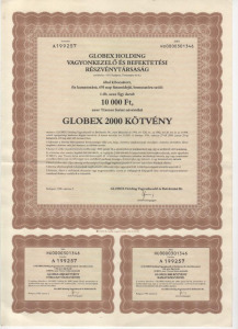 részvények sorszámos, Globex Holding RT. Globex 2000 kötvény Bp. 1998 évi 10 000 Ft