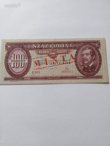 1975 MINTA 100 forint perforált, felülbélyegzett UNC.