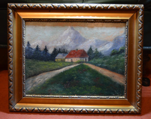 Felvidéki házak festmény, olaj karton, kerettel: 33 x 41 cm, jelzés nélkül
