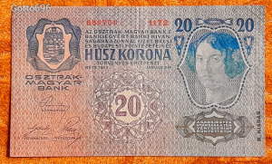 1913 -as Ropogós 20 Korona vízjeles bankó II. kiadás Osztrák felülbélyegzéssel !!!! (L0601)