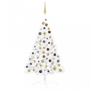 fehér megvilágított fél műkarácsonyfa gömb szettel 120 cm