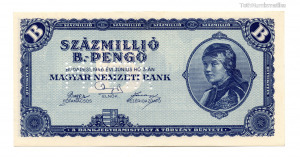 100 millió B.-Pengő Bankjegy 1946 MINTA perforációval