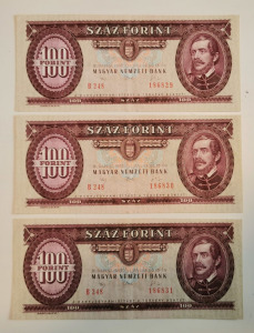 3 db 100 Ft SORSZÁMKÖVETŐ bankjegy B (1992) (AUNC). 1 Ft-os licit! (92)