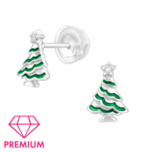 Zöld fenyőfa, Karácsonyfa gyerek prémium stift ezüst fülbevaló