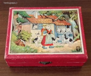 Retro - 12 db-os kocka kirakó fa dobozban 1950-1960-as évek