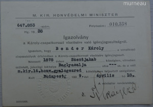 Károly-csapatkereszt kitüntetés viselési igazolvány, m. kir. honvéd 16. gyalogezred 1938