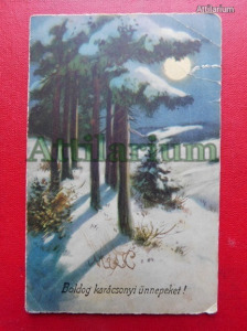 Boldog karácsonyi ünnepeket! Futott képeslap, 1927! Fenyőfa. Újkécske (Tiszakécske) cím.
