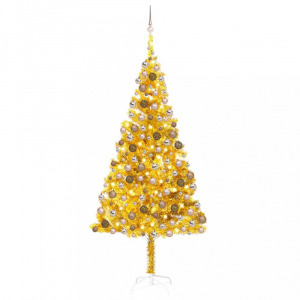 aranyszínű PET megvilágított műkarácsonyfa gömb szettel 240 cm