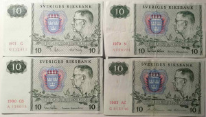 Svédország 10 korona 1971-1990 FI-XF 9 db LOT, mind különböző