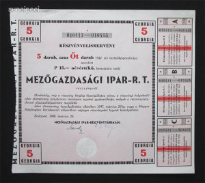 Mezőgazdasági Ipar Rt. részvény elismervény 5x15 pengő 1946