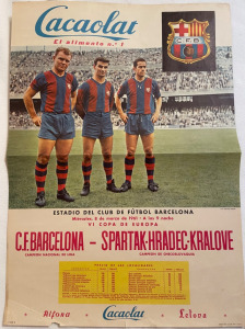 FC Barcelona--Spartak Hradec Kralov korabeli egyedi, ritka plakát Kubala, Kocsis, Suarez 60x80 cm