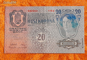 1913 -as Ropogós 20 Korona vízjeles bankó II. kiadás Osztrák felülbélyegzéssel !!!! (L0553)