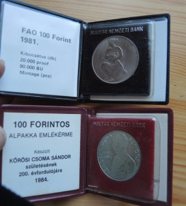 100 forint 1981 FAO és 100 forint 1984 Kőrösi Csoma Sándor, a kettő együtt