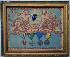 1942 nagyon ritka kitüntetés, jelvény tartó tabló, képkeret vitéz Pataky F. grafikával, nagy méret !