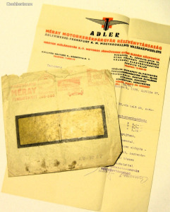 Adler Méray motorkerékpár Gyár levele és borítékja (P_380)