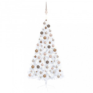fehér fél műkarácsonyfa LED-ekkel és gömbszettel 150 cm