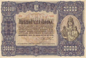 25000 Korona 1922.08.15. (000)  UNC  MINTA Orell Füssli Zürich