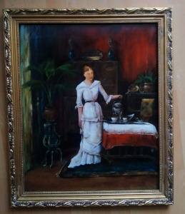 Kortárs festmény Teát öntő nő címmel Munkácsy