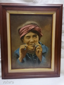 Kvalitásos, jelzett, olaj-vászon festmény, szivarra gyújtó nő, portré, 81x66 cm Kép