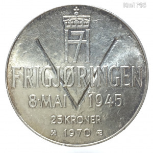 Norvégia hatalmas ezüst 25 korona 1970 - Frigjöringen (Felszabadulás) - Ag.875 - 29,20 g - gEF-aUNC