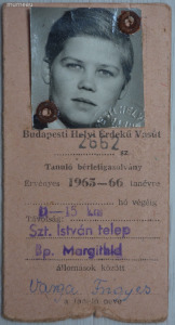 Budapesti Helyi Érdekű Vasút tanuló bérletigazolvány 1965-66