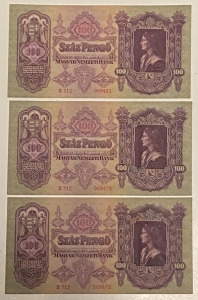 3 db SORSZÁMKÖVETŐ 100 pengő bankjegy (EGY KIHAGYÁSSAL) (1930) (VF). 1 Ft-os licit! (99)