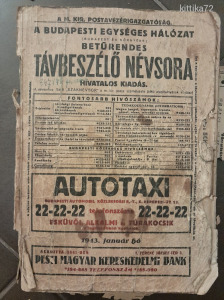 1943-as budapesti telefonkönyv távbeszélő névsor papírrégiség papírgyűjtemény