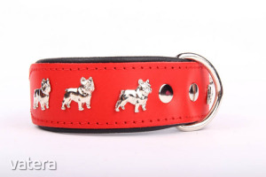 Francia Bulldog bőr nyakörv - Piros/Fekete - 40mm x 55cm