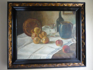 Antik olaj vászon festmény, Asztali csendélet almákkal 2402 14