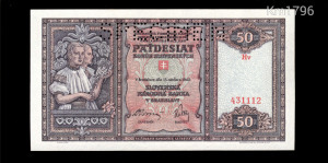 Szlovákia 50 korun korona 1940 - SPECIMEN perforáció - Pick 9s - UNC, bankfriss