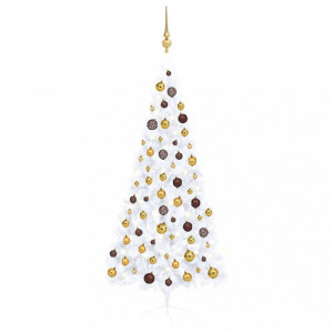 fehér megvilágított fél műkarácsonyfa gömb szettel 180 cm