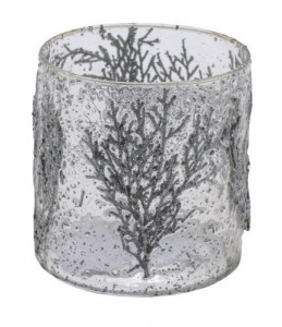 Ezüstös üveg gyertyatartó ágakkal, 10x10x10,5cm