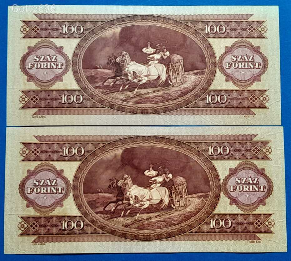 2 db 1975 -ös 100 Forint sorszámkövető bankók ropogós papíron!Ritkábbak!! VF- (L2291)